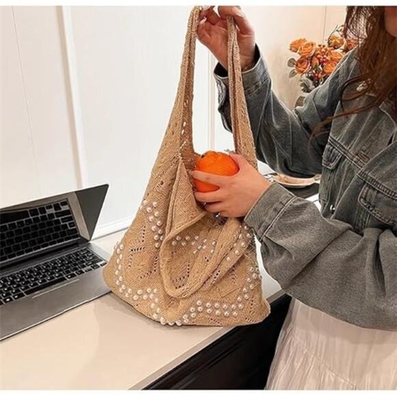 Boho Crochet Beach Tote with White Bead Inlay - Picture 3 of 5